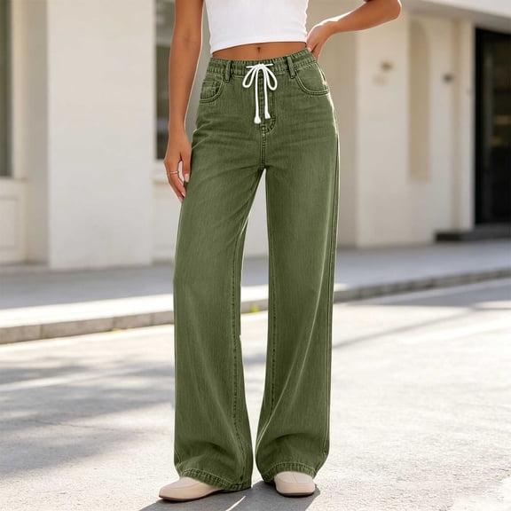 Women's Wide Leg Denim Jeans, Drawstring Elastic Pull‑on Waist, Side Pockets, Loose‑relaxed Silhouette, Washed‑finish Comfort‑oriented Daily Loungewear, Womens Pull On Jeans Green XXL