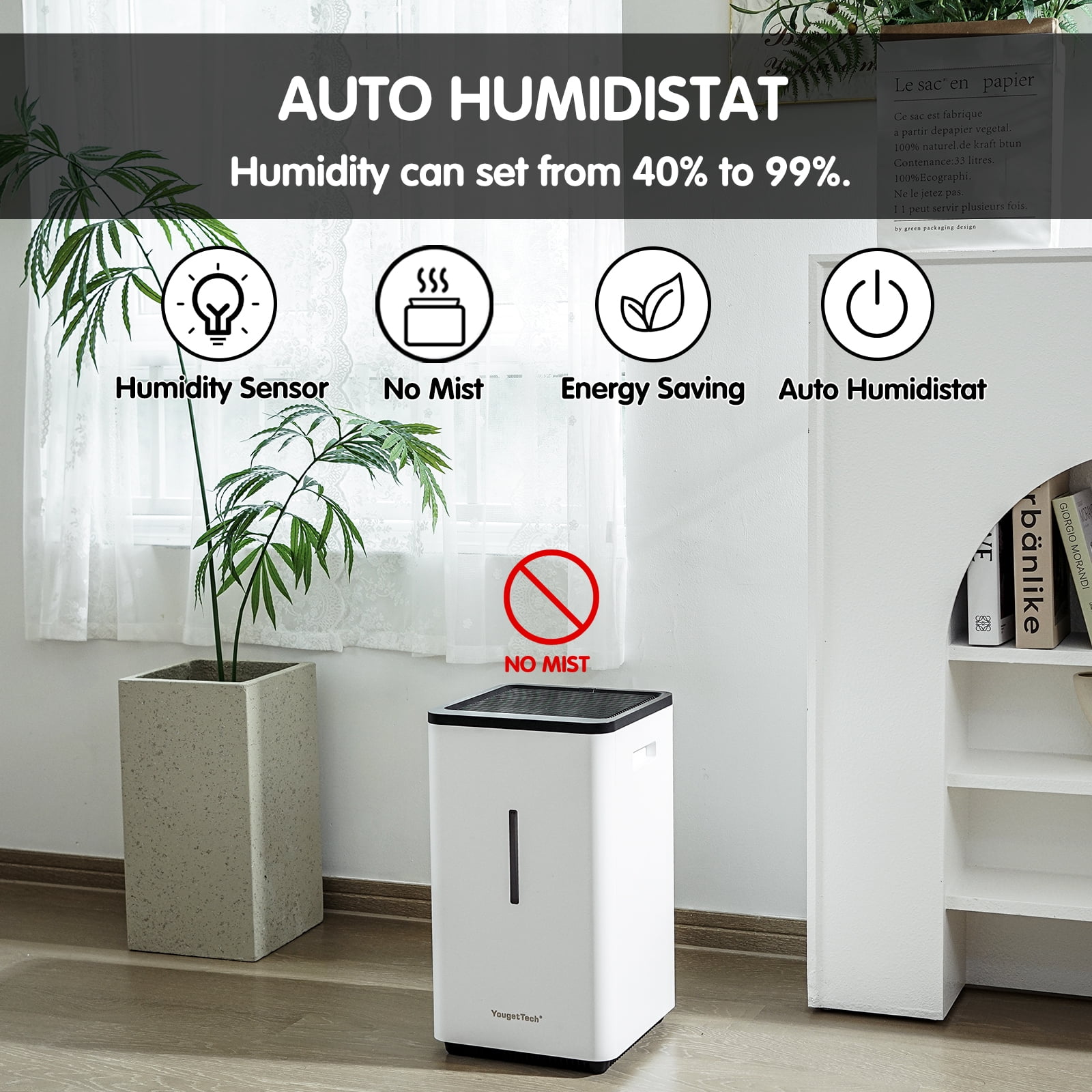 YougetTech Evaporative Humidifiers for Large Living Space, 6.5L(1.8Gal) Tank Whole Room Humidifier, 30W Cool No Mist Humidifiers, 7 Speed, MAX Output 1500ml/h, Auto Humid, Top Filling