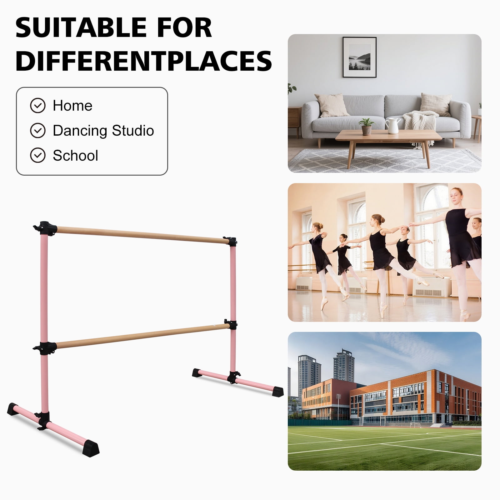Solid Wood Ballet Barre 6FT with Adjustable Height 6.7-46 Inches, Professional Dance Practice Barre with Rotatable Base for Home, Studio, Adjustable, Pink