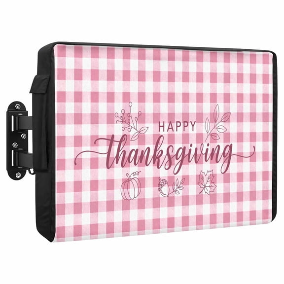 Happy Thanksgiving Waterproof Outdoor TV Cover, Pumpink Leaf Pink Plaid Gingham Background Outside Weatherproof TV Enclosures for 36 to 39 Inch LCD Television Shield Flat Screen Protectors