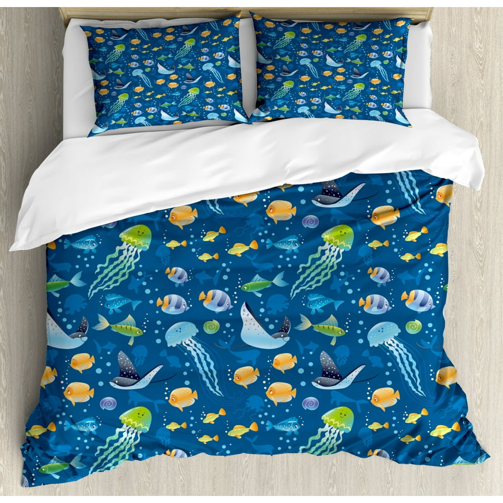 Under the Sea Duvet Cover Set, Fish Turtle and Other Swimming Nautical