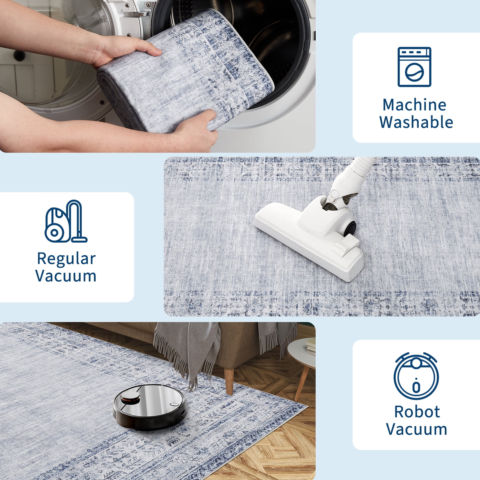 Hasoo Living Room Area Rug 5' x 7' Border Rug for Bedroom Stain-Resistant Washable Indoor Carpet, Light Blue