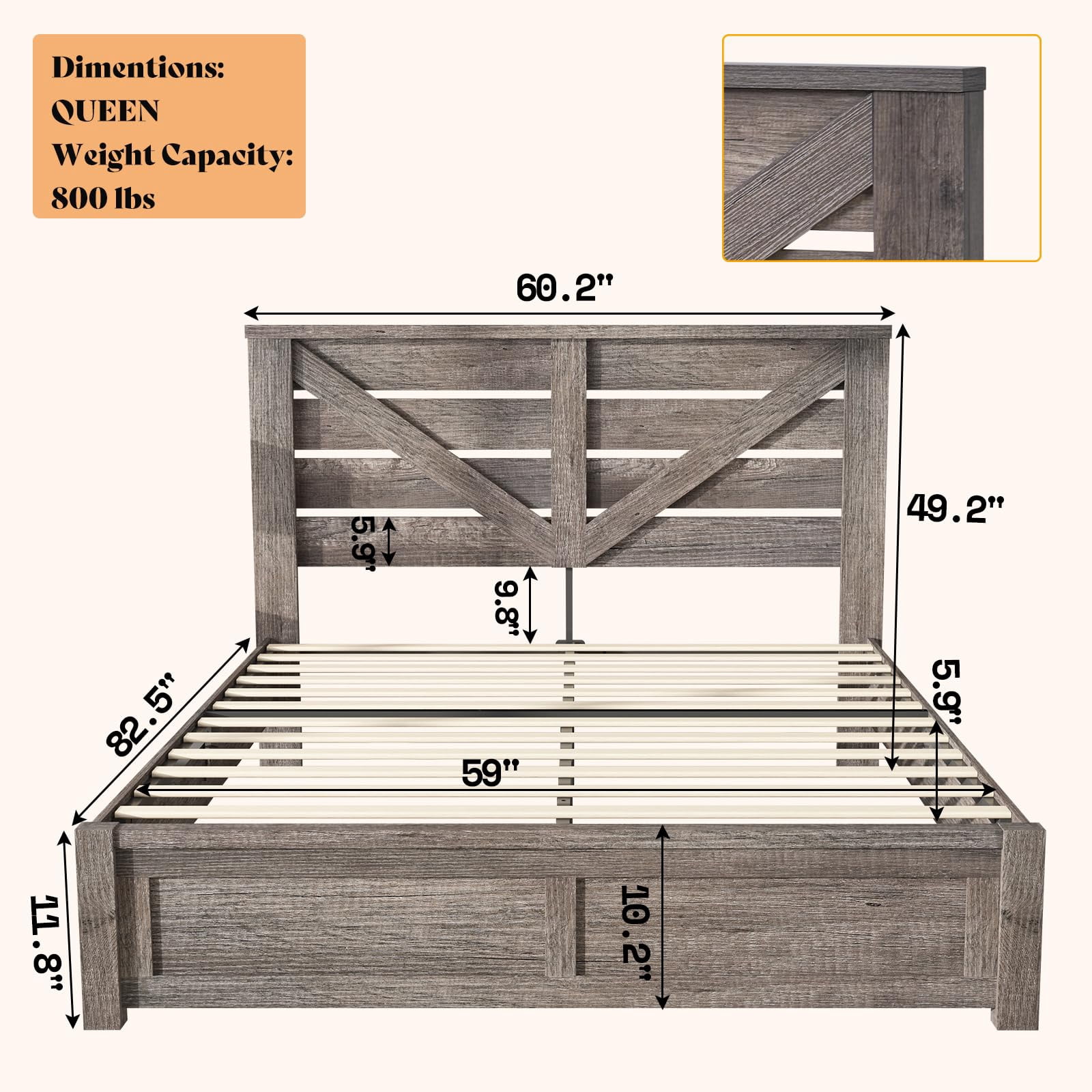 Papajet Queen Size Farmhouse Bed Frame with Barn Door Headboard, Wood Slats and Storage Space, Grey
