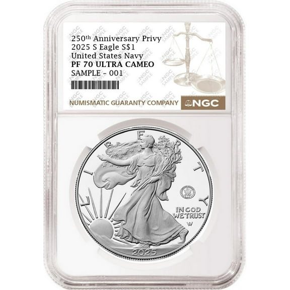 2025 S Silver Eagle Navy 250th Anniversary Privy NGC PF70 Brown