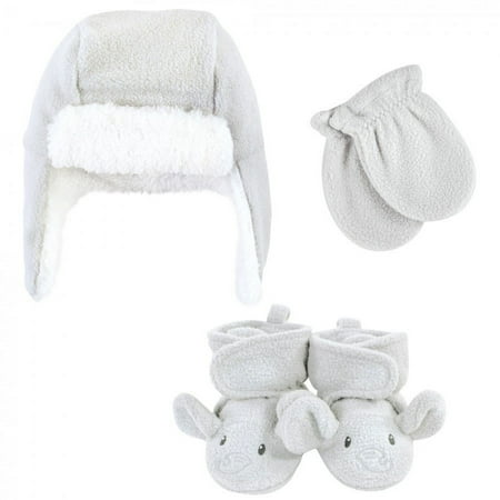 UPC: 0660168593976 | Hudson Baby Unisex Baby Trapper Hat  Mitten and Bootie Set  Gray Elephant  0-6 Months