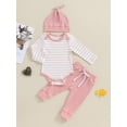 thumbnail image 2 of Bagilaanoe 3pcs Newborn Baby Girl Boy Pants Set Long Sleeve Striped Romper Tops + Trousers + Hat 3M 6M 9M 12M 18M Infant Casual Clothes, 2 of 9