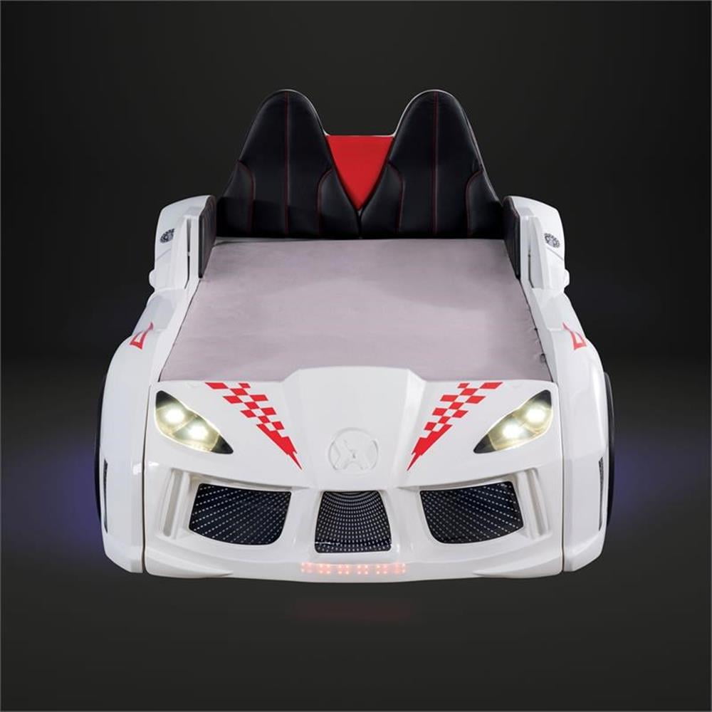 Furniture of America Sonet Plastic Twin Race Car Bed with LED Light in White