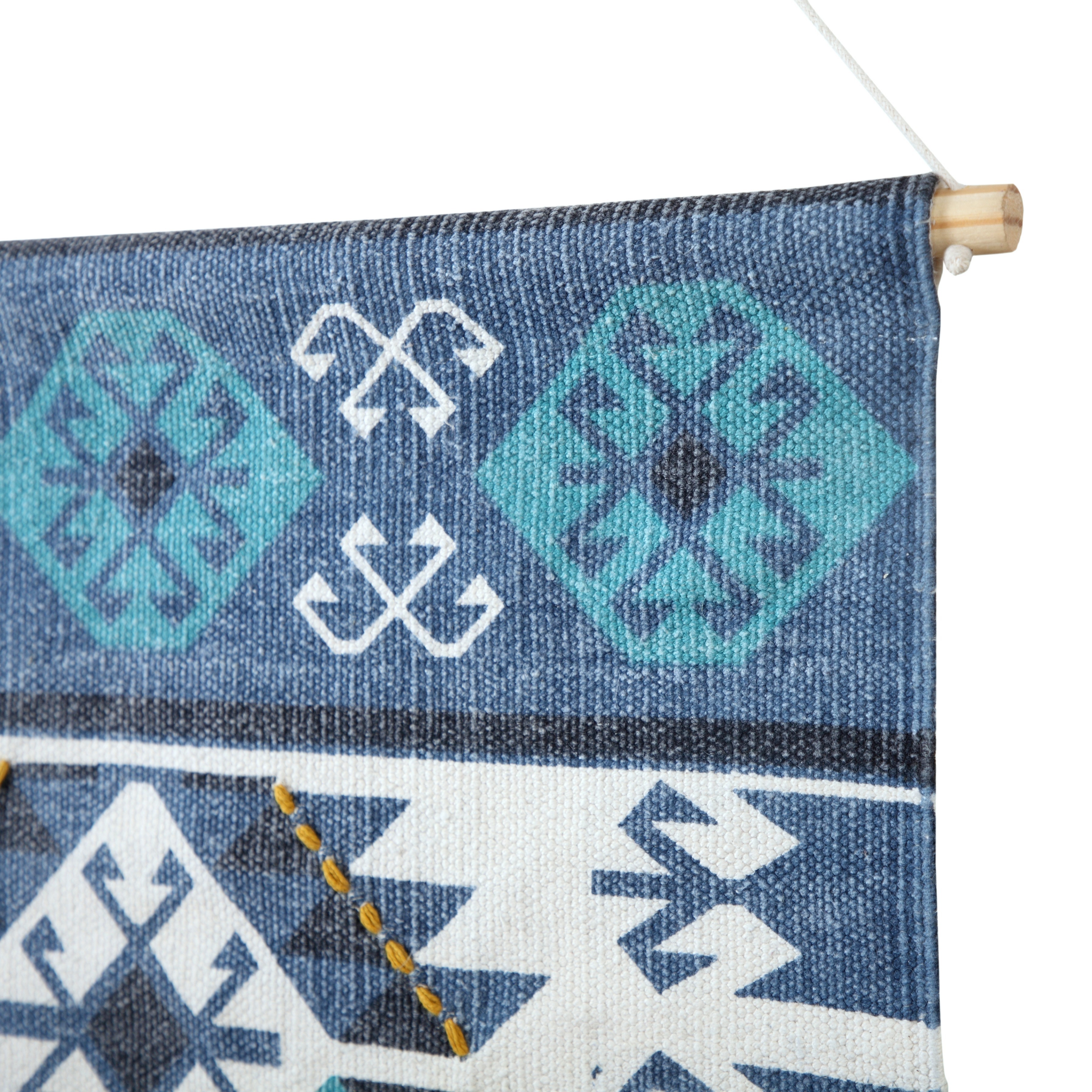 LR Home Xavi Blue/White Boho Aztec Fringe Wall Hanging, 4' Length