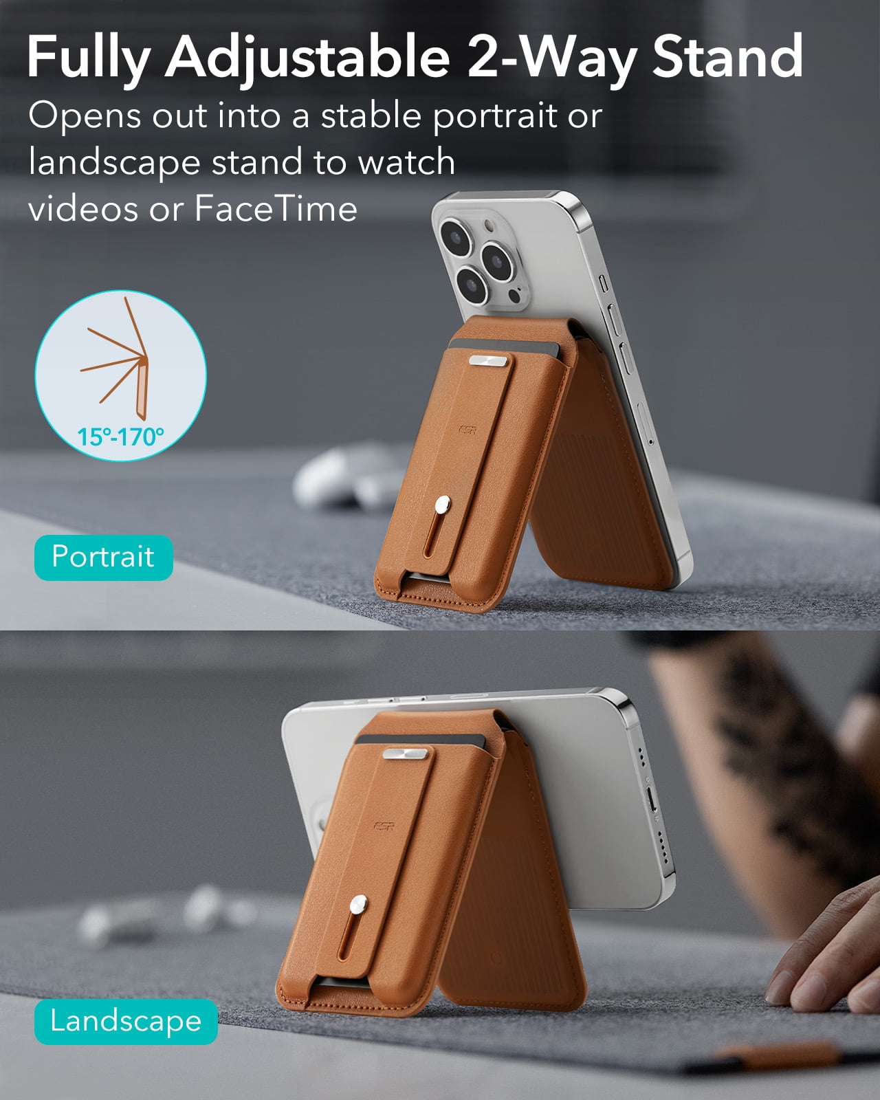 ESR Geo MagSafe Wallet with Find My | 5‑Card RFID‑Blocking Wallet & Adjustable Stand for iPhone 12‑17 Series | Brown
