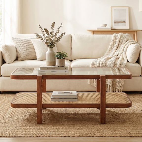 ELLEGNT Rustic Coffee Table with Glass Top and PE Rattan Storage Shelf – 2-Tier Farmhouse Table Brown