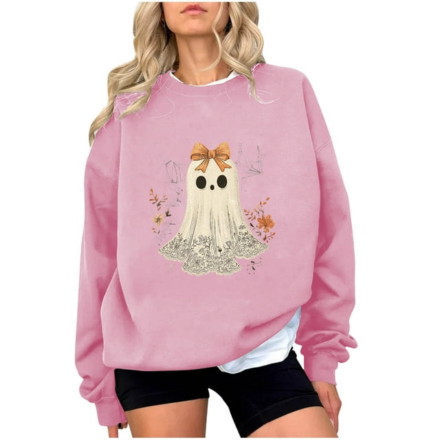 Chandail en Molleton Imprimé Fantôme pour Femmes Chandail Léger et Chaud Blouses Col Rond Manches Longues Ultra Doux Texturé Tenues de Printemps 2025 Chandail Automne Hiver Vêtements