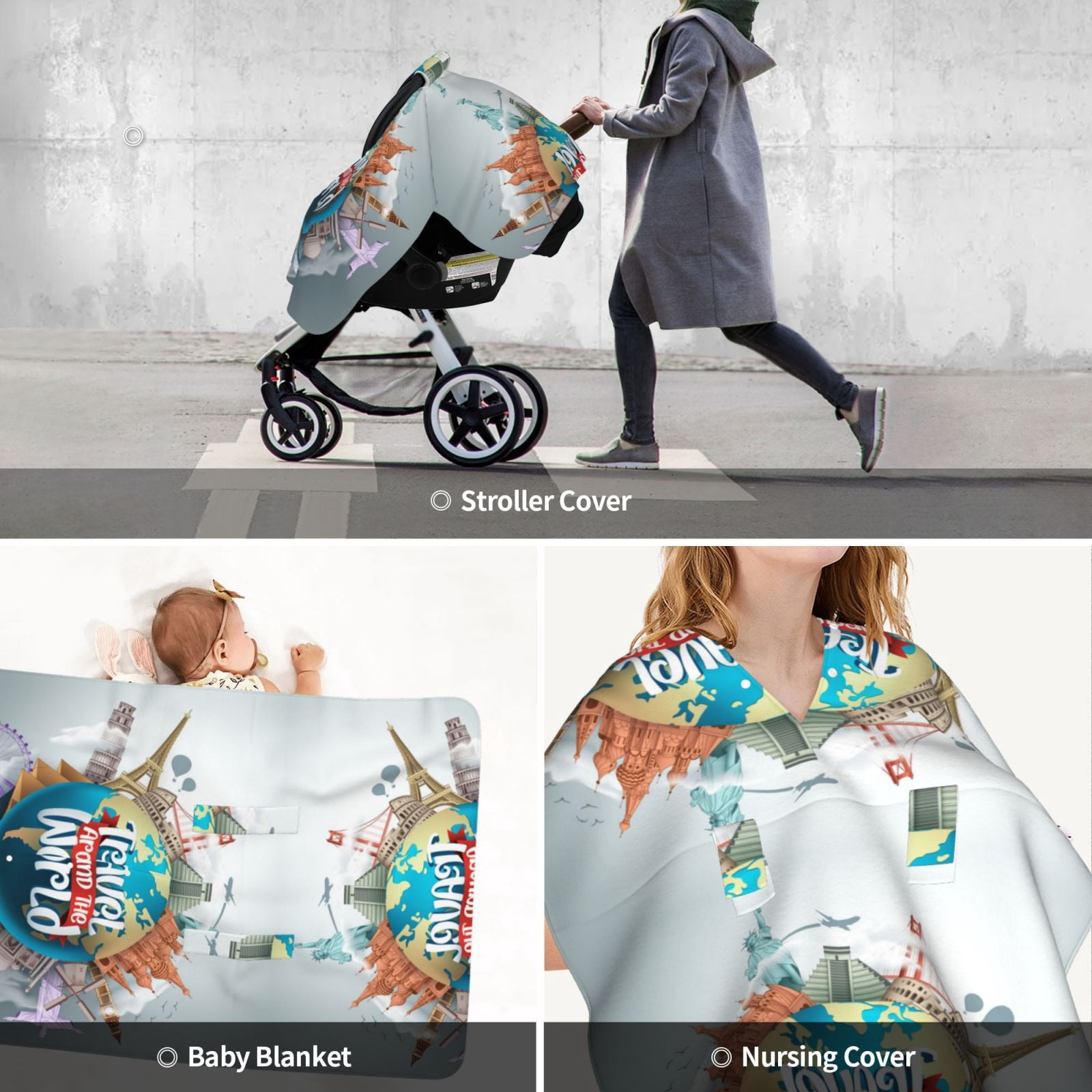 Car Seat Cover Baby - Travel Around The World Breathable Infant Car Seat Cover for Baby Carseat, Lightweight Comfort Baby Essentials Must Haves Newborn Stuff for Girl Boy