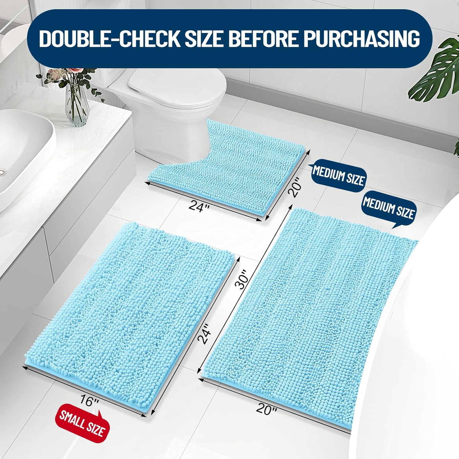 Chenille Striped Bathroom Rugs 24x16, Extra Thick and Absorbent Bath Rugs, Non-Slip Soft Plush Shaggy Bath Carpet, Machine Wash Dry, Bath Mats for Bathroom, Blue