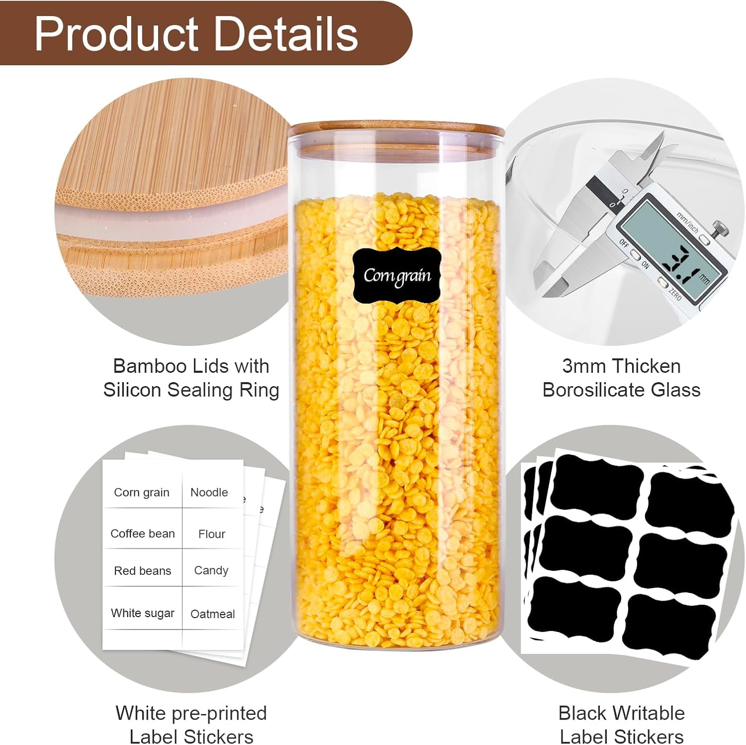 Panzexin Glass Food Jars with Lids,37oz Glass Storage Containers with Airtight Bamboo Lids,Round Glass Canister Set of 4, Pantry Organizers and Storage for Cookie Flour Oat Pasta Tea Coffee Bean
