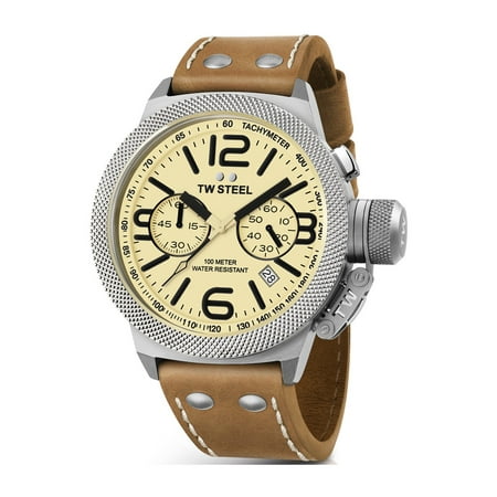 TW Steel Mens XXL Stainless Steel Case Canteen Brown Leather Beige Dial Silver Watch - CS14