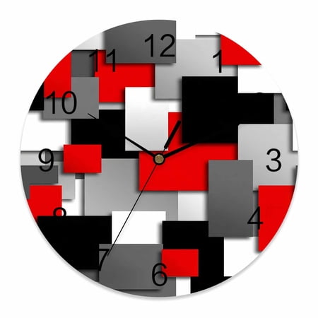 Wall Clock Red Geometric Clocks PVC Silent Non-Ticking Battery Operated Decorative Modern Abstract Rectangular Round Clock for Home Living Room Kitchen Bedroom Office School Wall Decor 10 Inch