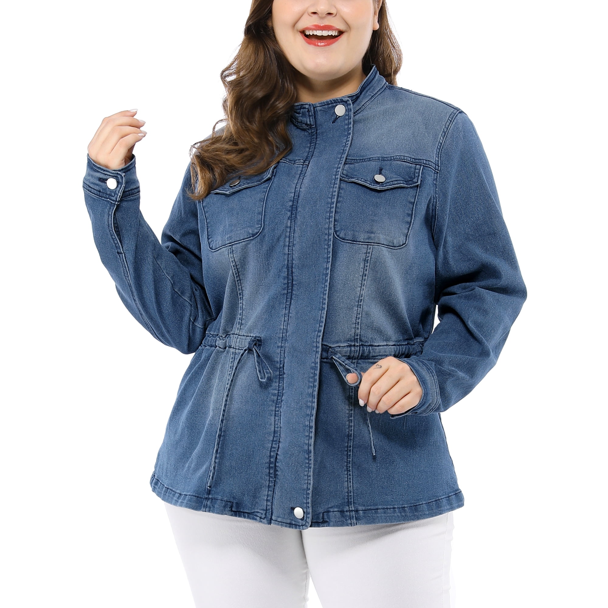 Unique Bargains Women s Plus Size Stand Collar Zipper Denim Jacket