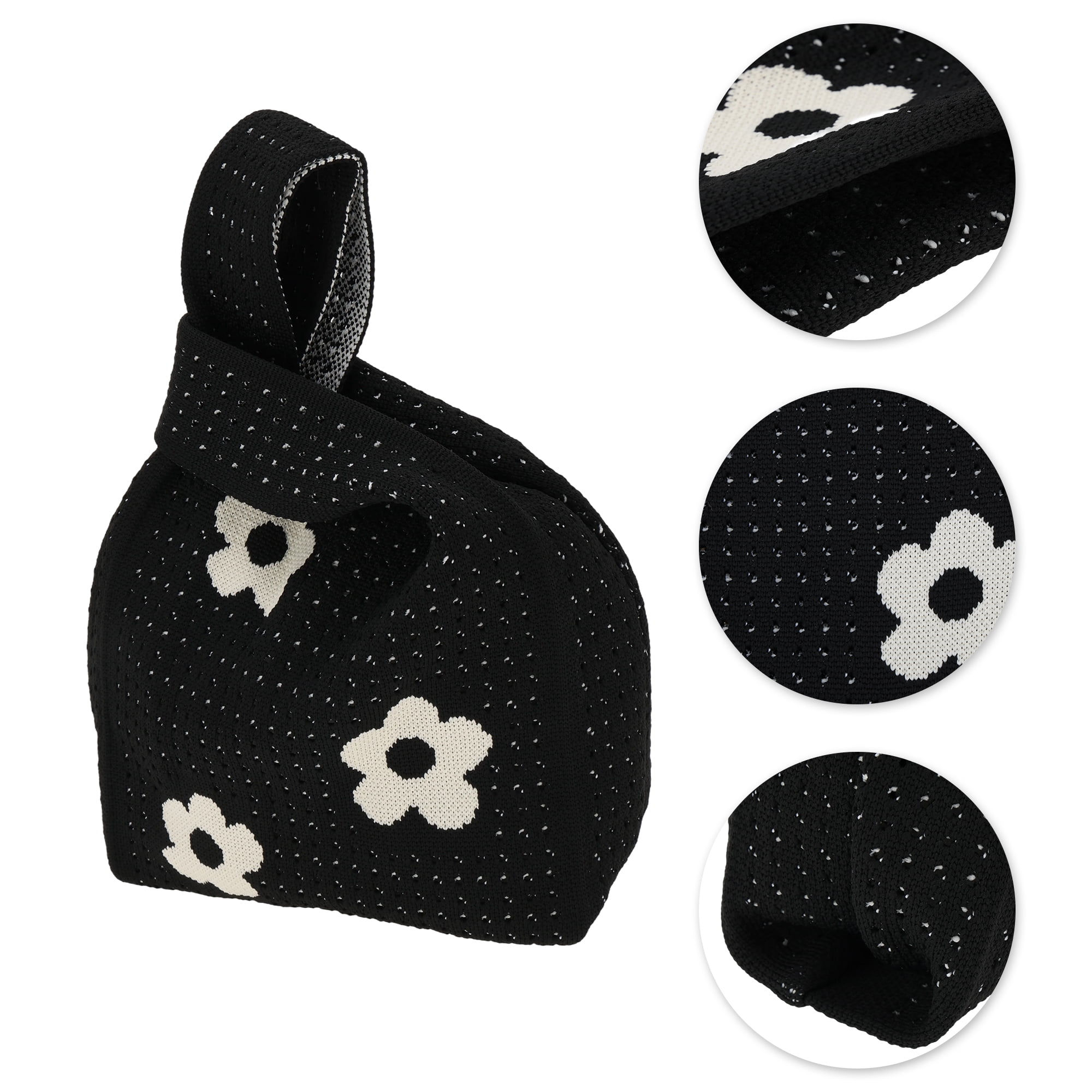Unique Bargains Stylish Openwork Flower Knitted Wrist Bag for Everyday Use Black