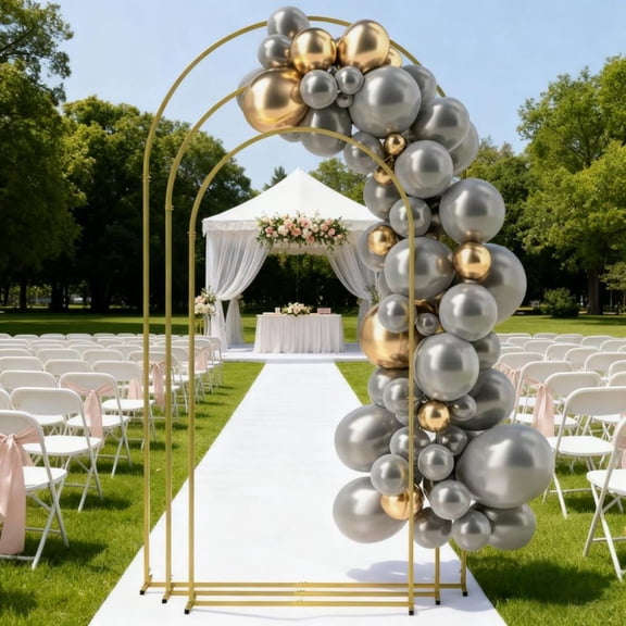 3-Piece Gold Metal Balloon Backdrop Arch Stand Set - 7/6.5/6 Ft Wedding Arch Frame with U-Shaped Ground Stakes Indoor/Outdoor Party Photo Booth Decor Christmas Gift