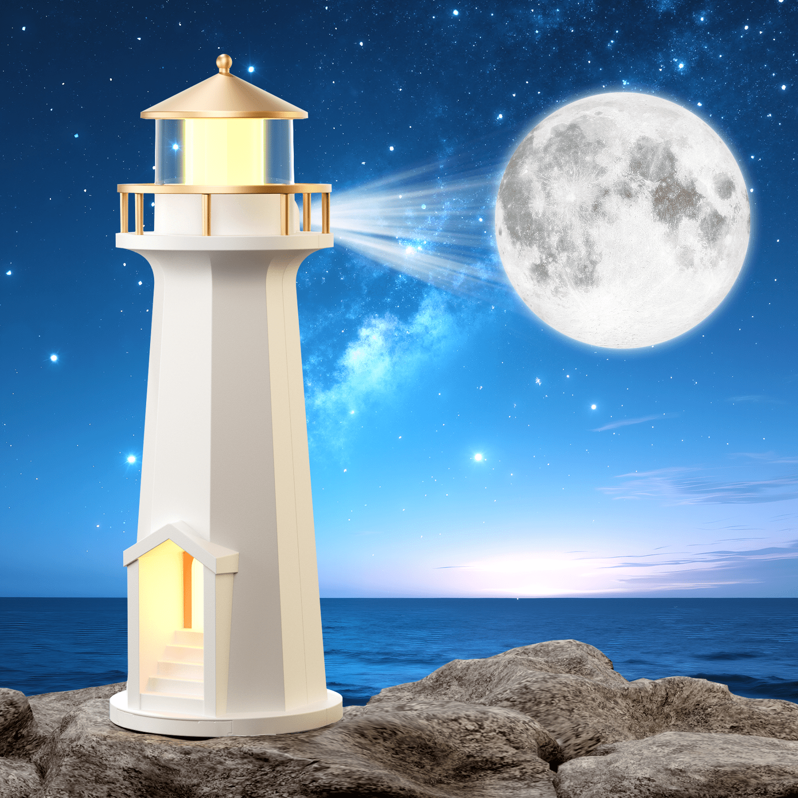 Wireless Charging Lighthouse Night Light | Bluetooth Speaker + Sleep Aid Light with Moon Projection Function, Bedroom Decorative Lighting Gift