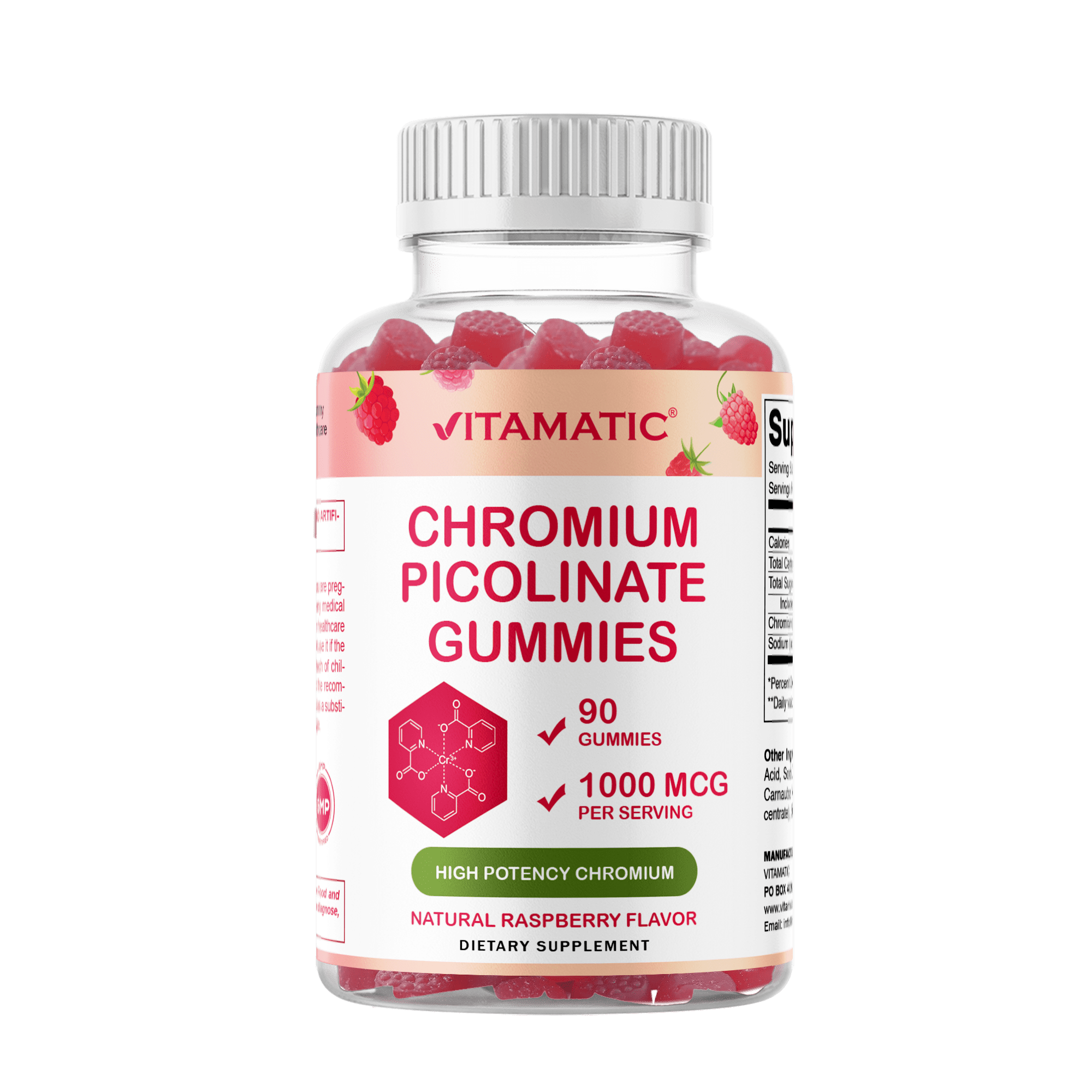 (3 pack) Vitamatic Chromium Picolinate 1000 mcg - 90 Gummies - High Potency Chromium - Raspberry Flavor