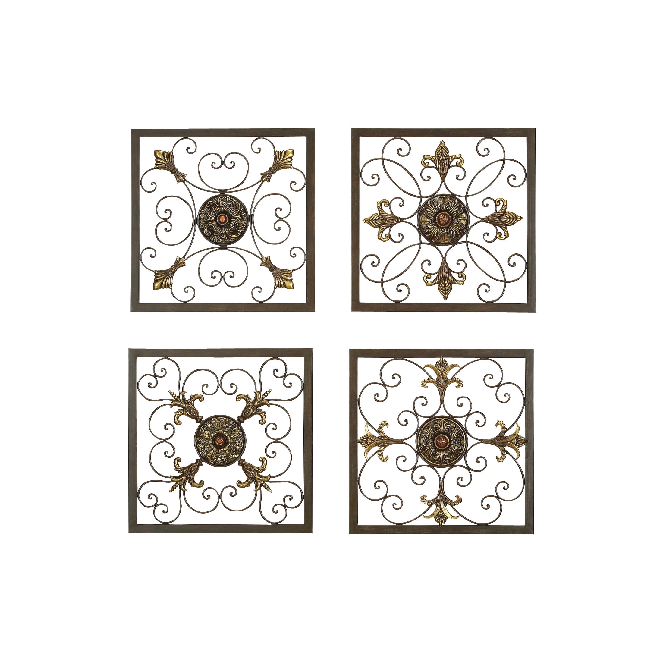 DecMode Brown Metal Wire Scroll Fleur De Lis Wall Decor with Gold Accents (4 Count)