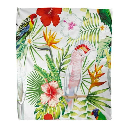 Tailed Tropic Bird - LADDKE Throw Blanket 58x80 Inches Tropic Exotic Multicolor Birds Parrot Macaw with Tropical Plants Banana Palm Leaves Warm Flannel Soft Blanket for Couch Sofa Bed
