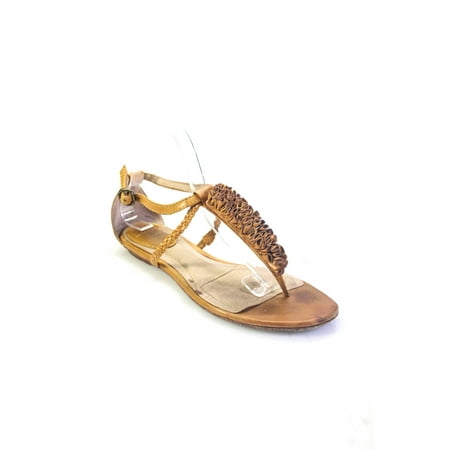 

Pre-owned|Frye Womens Leather Ruffle Flat T Strap Sandals Tan Size 7