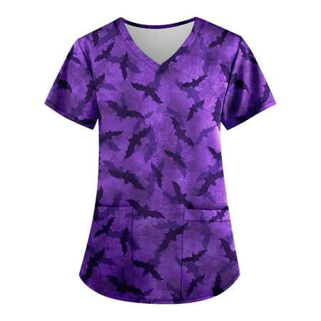

Umitay galaxy blue scrubs for women Women s Fashion V-neck Short Sleeve Workwear With Pockets Printed Tops