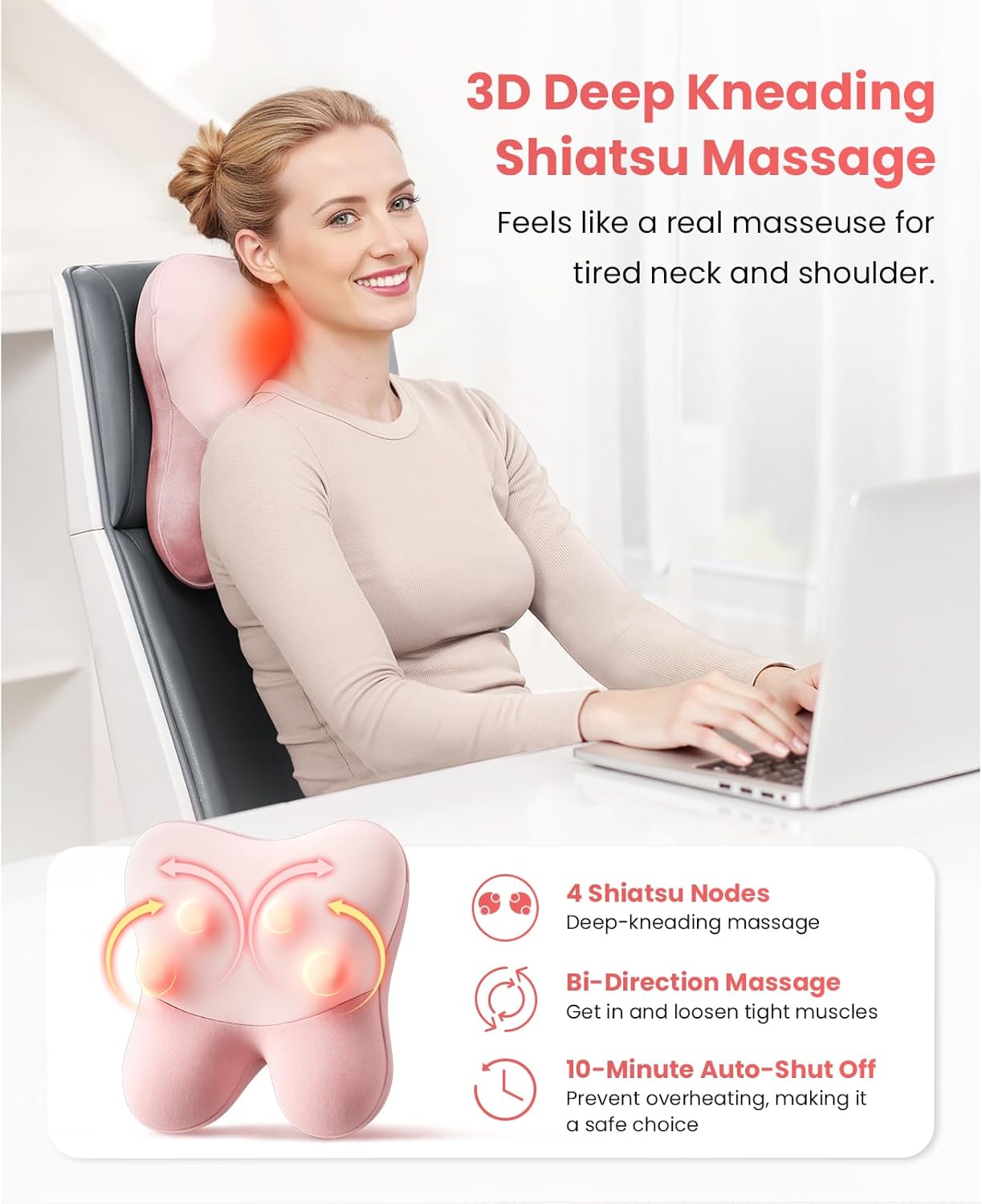 Bob and Brad 3D Shiatsu Kneading EZBack Massager with Heat Therapy, Deep Tissue Neck Massage Pillow for Neck Back Shoulder Pain Relief, FSA Eligible Ideal Gifts, Pink