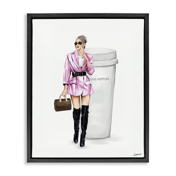 Stupell Industries Woman in Pink with Coffee People Painting Black Floater Framed Canvas Art Print Wall Art, 17 x 21