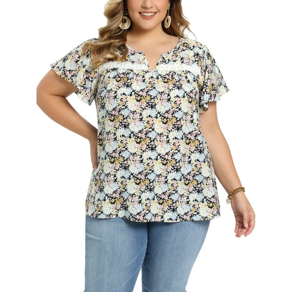 GRACE & GRANDEUR Women's Plus Size Easter Floral Printed Blouse Notch Neck Lace Trim Tops Ruffle Sleeve Summer Casual Top 1X Black