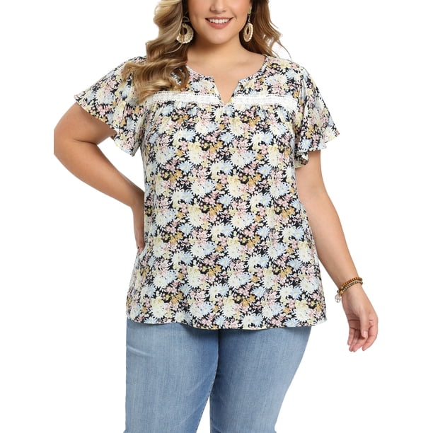 GRACE & GRANDEUR Blusa Floral Impresa de Pascua para Mujeres de Talla Grande con Cuello de Muesca y Borde de Encaje, Mangas con Volantes, Top Casual de Verano 2X Negro