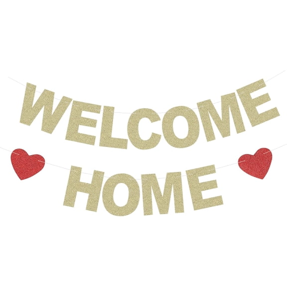 Welcome Home Banner Glitter Paper Sign for Housewarming Homecoming Party Decoraions Fun Party Photo Props - Gold