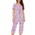 thumbnail image 4 of Wensltd Women Print Two Piece Sleepwear Set Short Sleeve Comfy Capri Pants with Side Pockets for All Season, 4 of 6