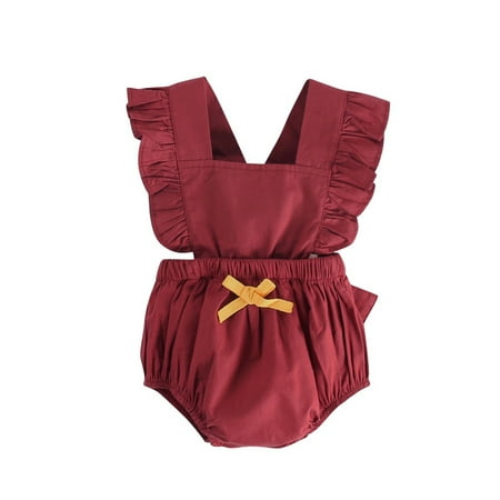 

WEARELLAKIDS Newborn Infant Baby Girl Plain Bowknot Romper Ruffle Cap Sleeve Bodysuit Jumpsuit Summer Casual Clothes