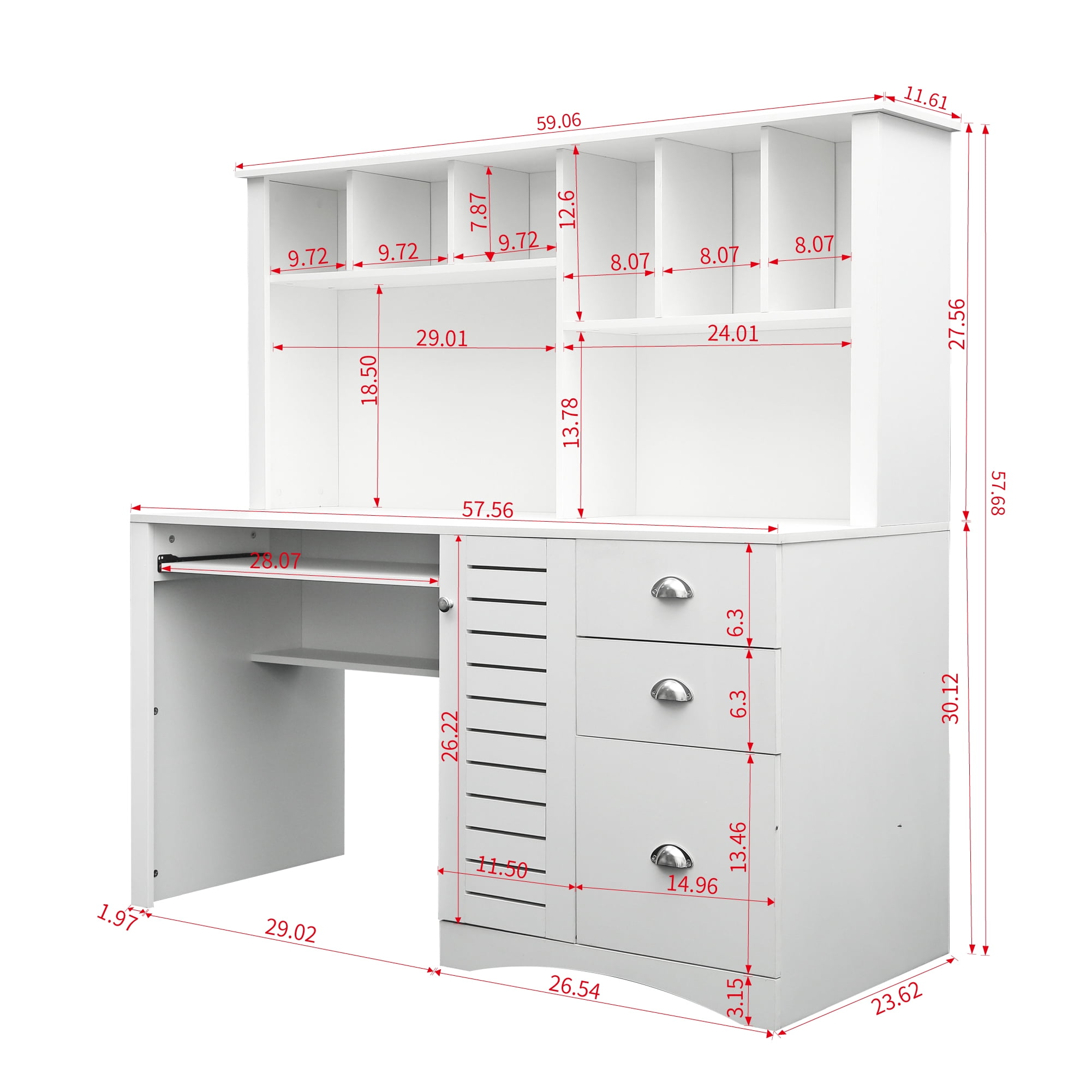 GAKMCIL 59.06"(L) Computer Desk with 2-tier open Hutch, 3 large drawer & Keyboard Tray, Home Office Desk, Executive Desk, Large Writing Desk, Space-Saving Design for Study or Bedroom Workspace, White