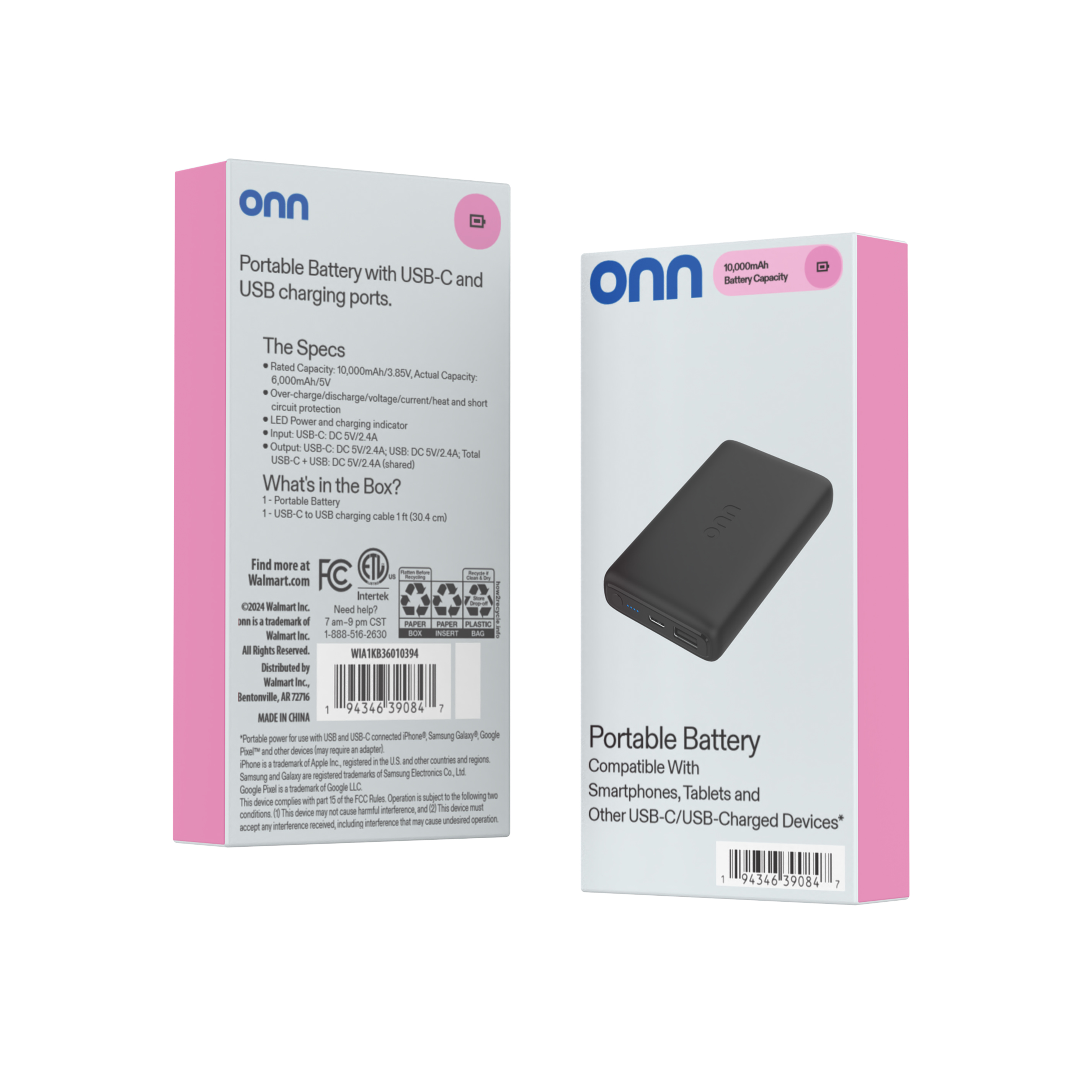 Batería portátil onn de 10,000 mAh con puertos duales USB-C/USB-A, negro 8