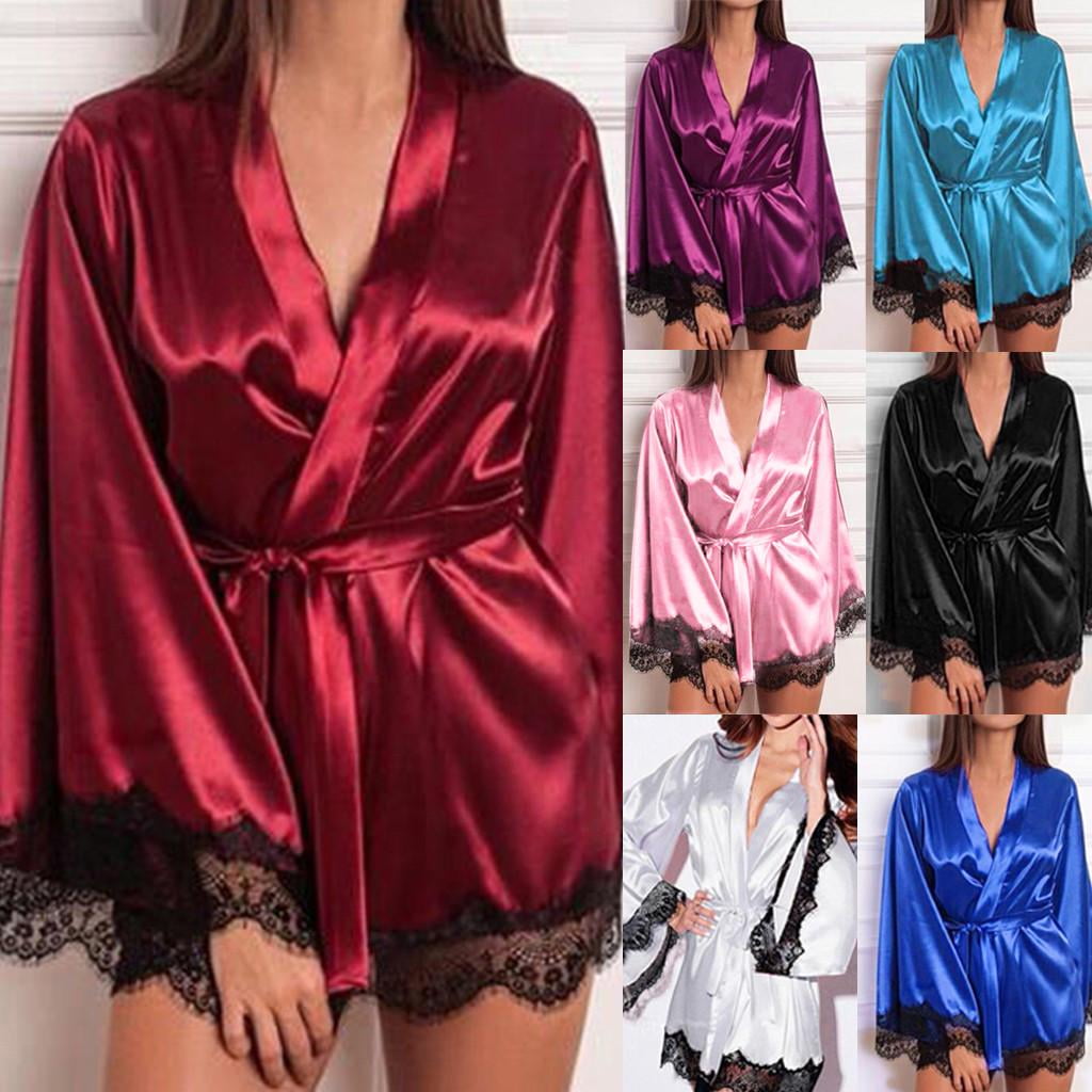 Women Satin Babydoll Long Nightdress Silk Lace Lingerie Nightgown Sleepwear Robe