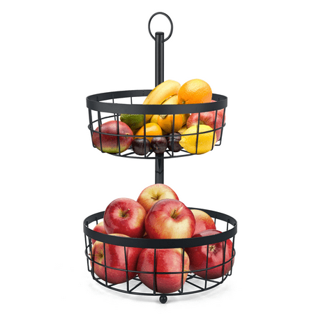 Home Shark Fruit Basket for Kitchen, 2 Tier Wire Fruit Bowl, Countertop Fruit Vegetable Stand, Black