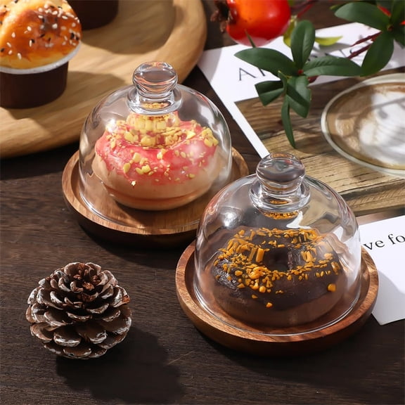 geerera Glass Dome with Wooden Base, Mini Dessert Cover Cake Stand for Cheesecake Cupcake Food Display Case, Serving Cloche for Kitchen Counter