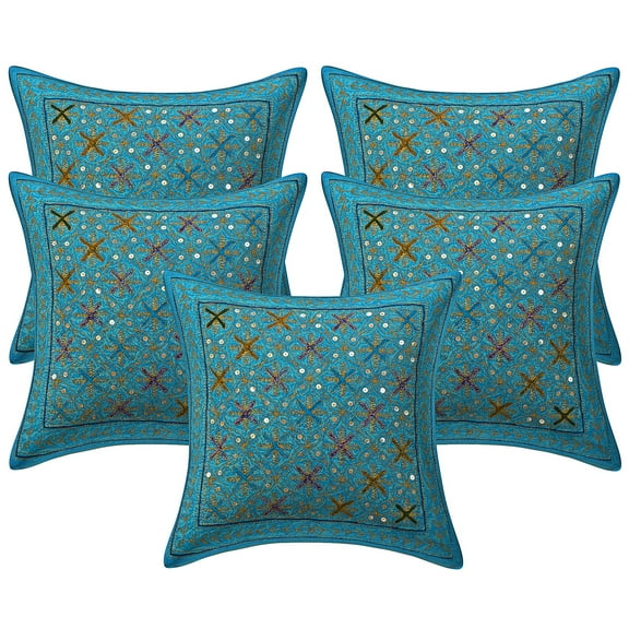 Stylo Culture Ethnic Settee Sofa Throw Pillow Covers 16x16 Sequins Gold Zari Embroidered Turquoise Indian 40 x 40 cm Home Decor Cotton Floral Square Cushion Covers | Set Of 5