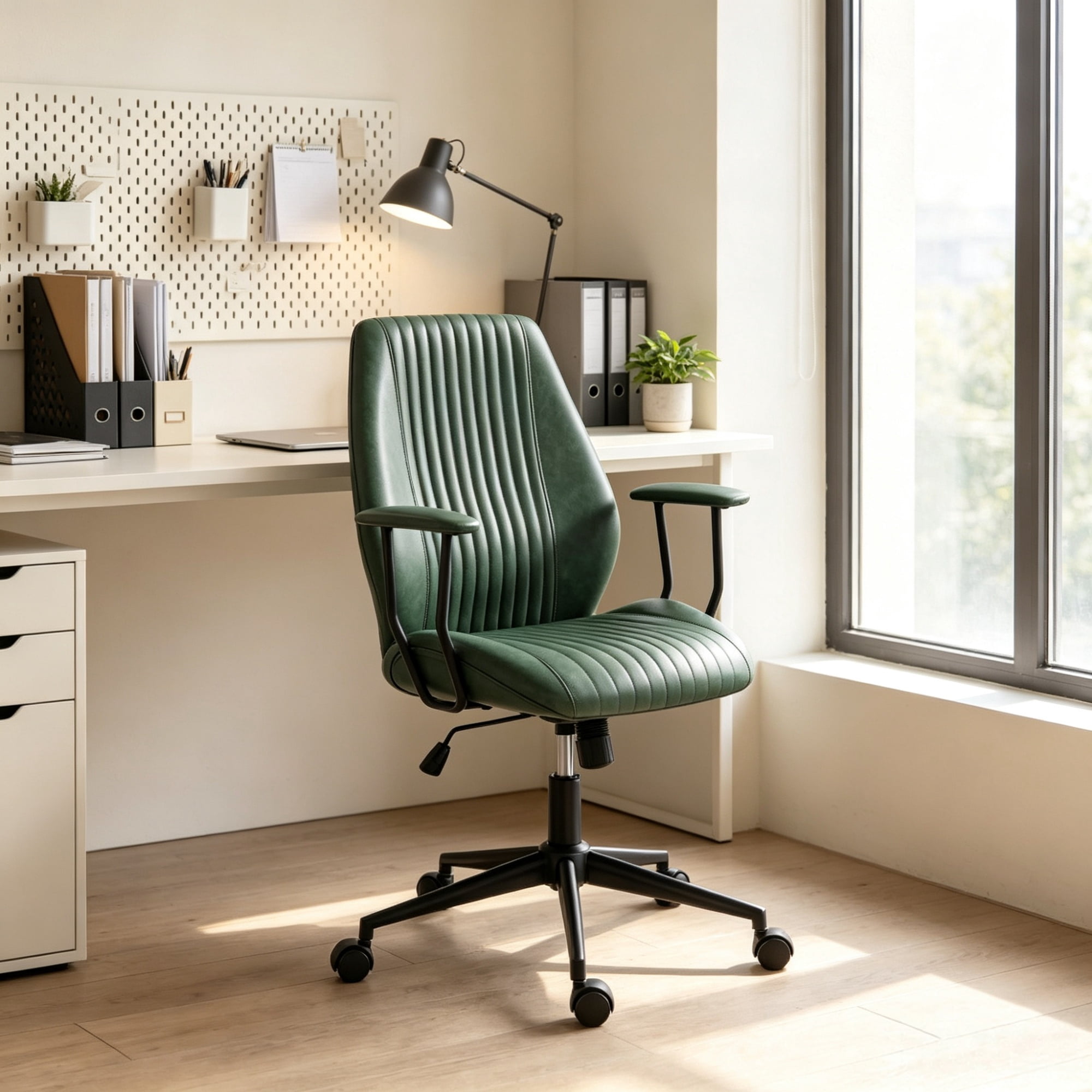 Vintage Leather Office Desk Chair, Padded Arms, 360° Swivel & Adjustable Height, Green