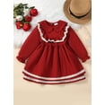 thumbnail image 3 of Elippeo Girls Christmas Dress 3Y 4Y 5Y 6Y 7Y Kids Lace Trim Long Sleeve Pan Collar Mini Dress Cute Round Neck Ruched Dress, 3 of 10