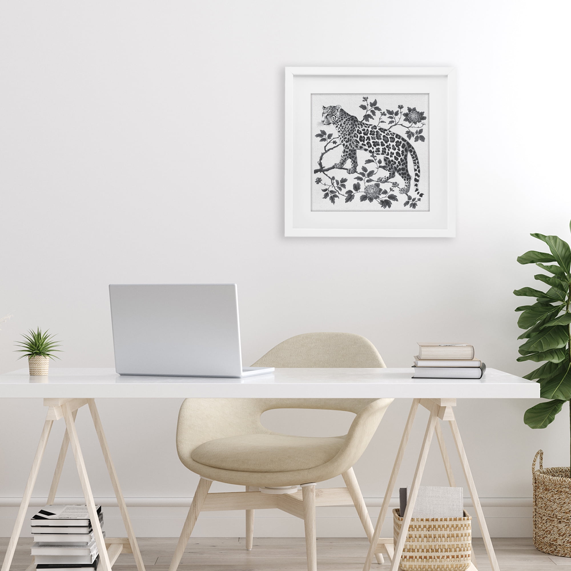 Monochrome Detail Leopard White Framed Print Under Glass, design by Lettered and Lined
