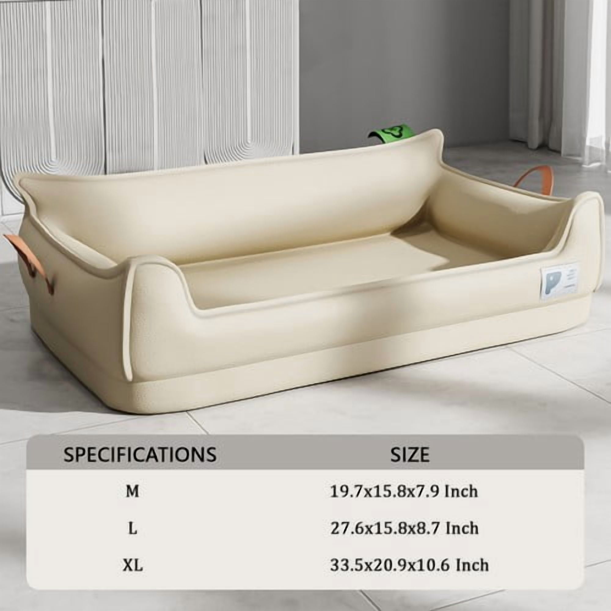 ShadeMart Beige Leather Dog Bed Sofa, Small Orthopedic Pet Couch with U-Shaped Bolster, Removable Waterproof Cover & Non-Slip Bottom