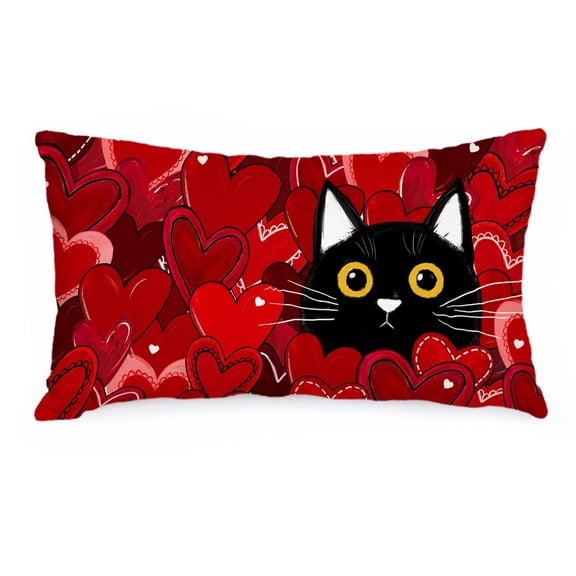 Brythos 12x20 inch Valentine’s Day Pillowcase: Red Heart and Cute Cat Print, Ideal for Home and outdoor Sofa Decor