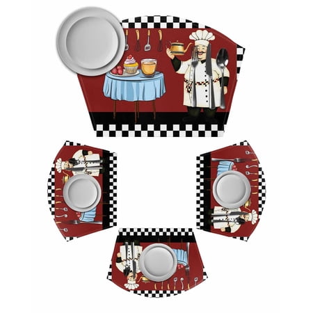 Chef Wedge Shaped Placemats Set of 2 Cotton Linen Fan Place Mats Cartoon Red Food Cooking Black White Buffalo Check Washable Table Mats for Holiday Wedding Party Dinning Coffee Tables 11.8 x17.5