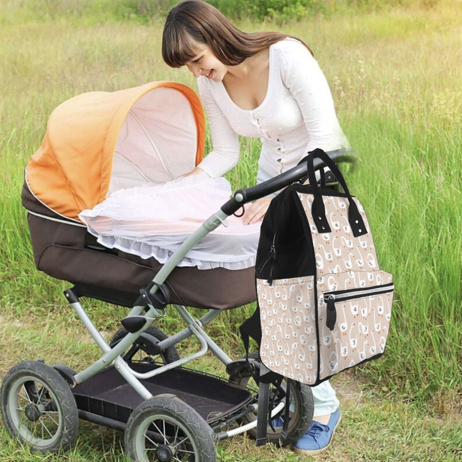 Ratiio White Goose Mummy Backpack - Waterproof Twill Canvas, Large Capacity Diaper Bag with Multiple Pockets and Adjustable Straps