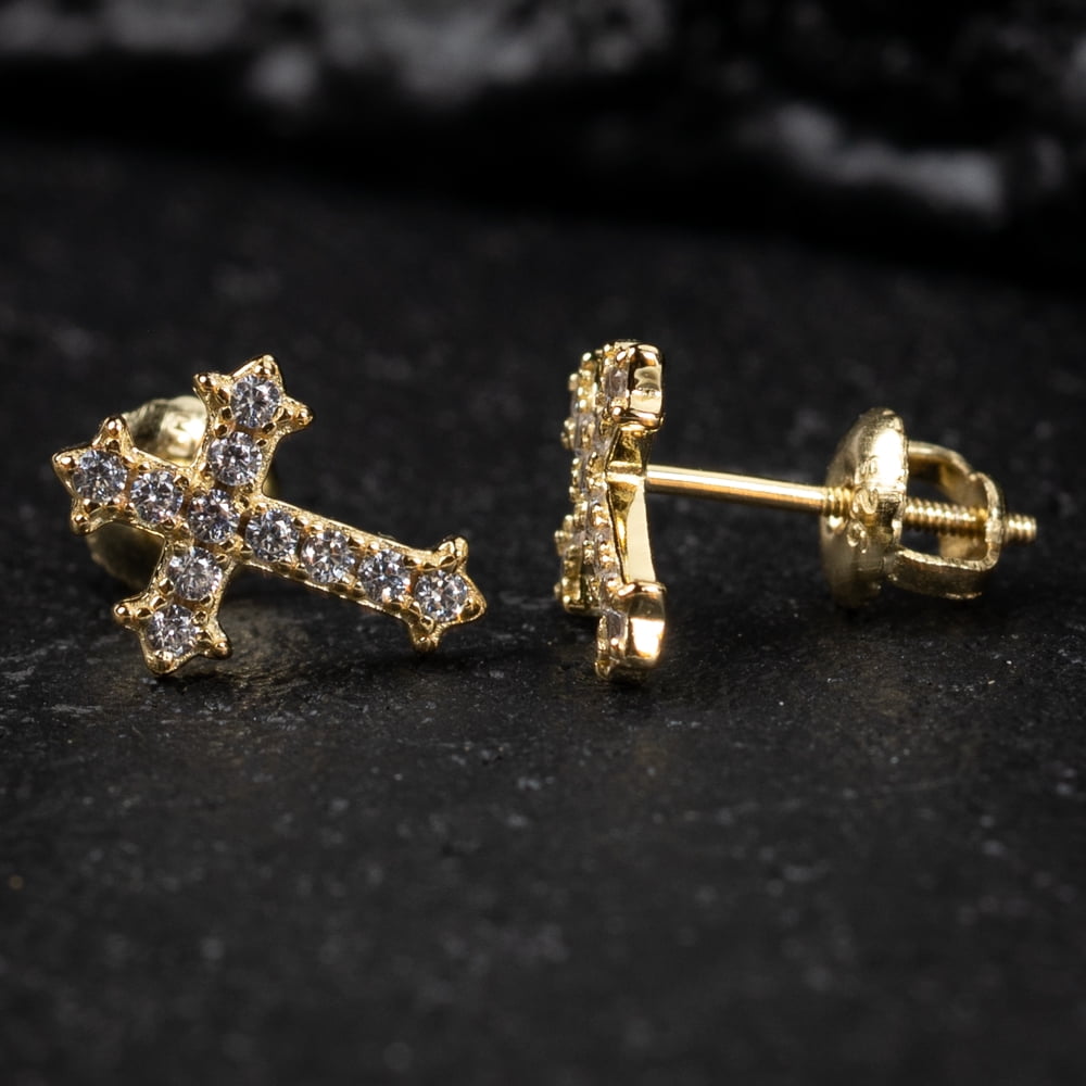 Small Mens Women's Prong Set Iced 5A Cz Hip Hop Yellow Gold 925 Sterling Silver Screw Back Post Hypoallergenic Crucifix Ice Out Cubic Zirconia Gothic Cross Stud Earrings